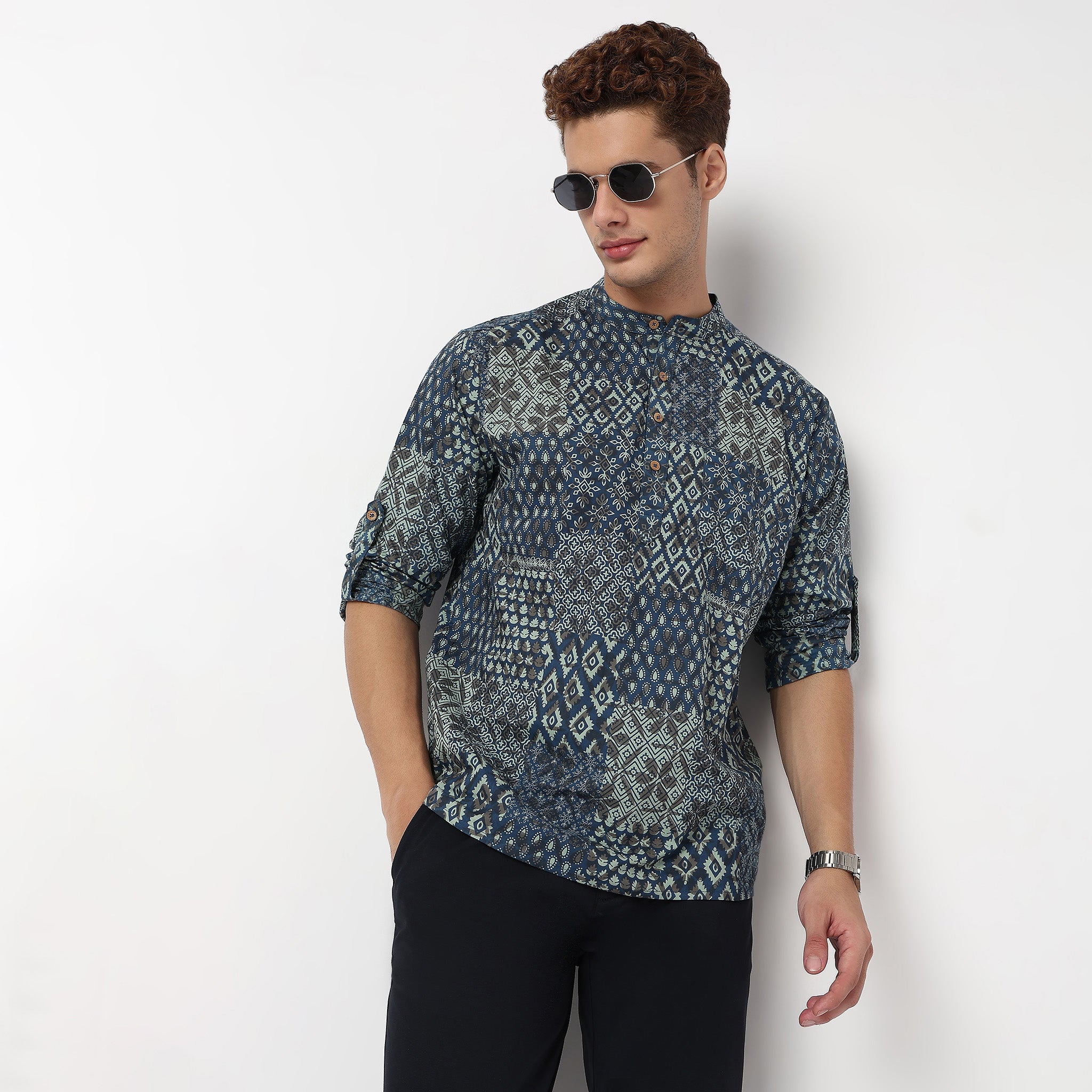 Printed Cotton Mandarin Collar Short Kurta