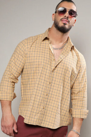 Beige Contrast Tartan Plaid Shirt