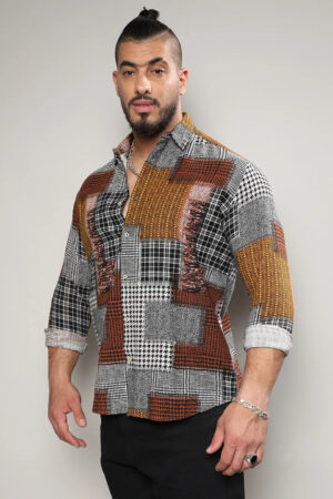 Brown Herringbone Block Shirt
