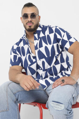White & Indigo Blue Geometric Block Shirt