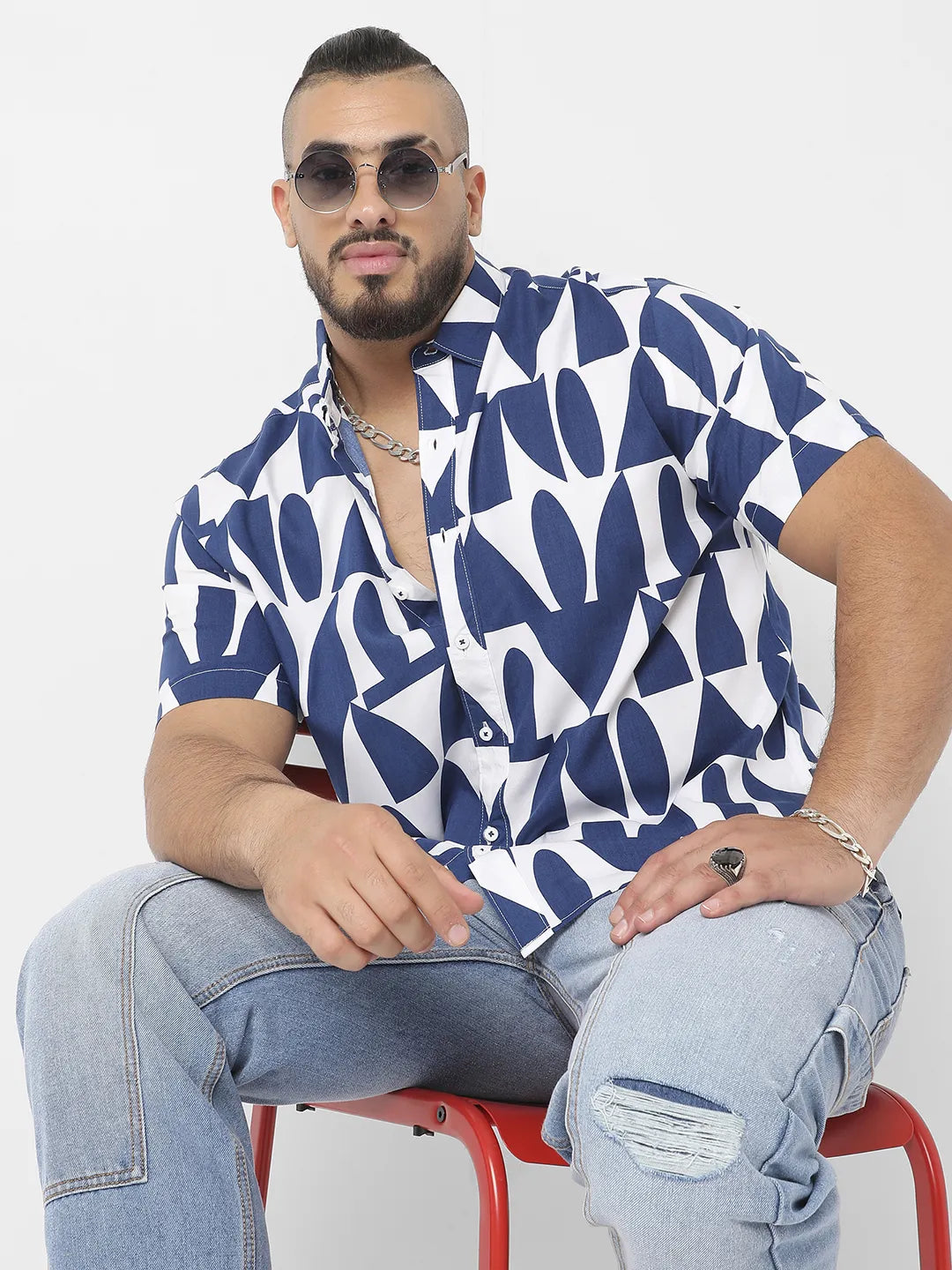 White & Indigo Blue Geometric Block Shirt