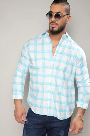 White & Light Blue Tartan Plaid Shirt