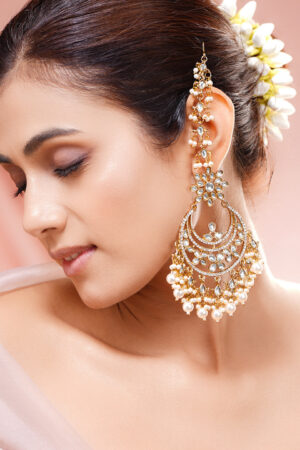 Pearl Cluster Kundan Chandbali with Ear Chain
