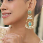 Gold Pearl Beaded Aqua Green Dangler Earrings