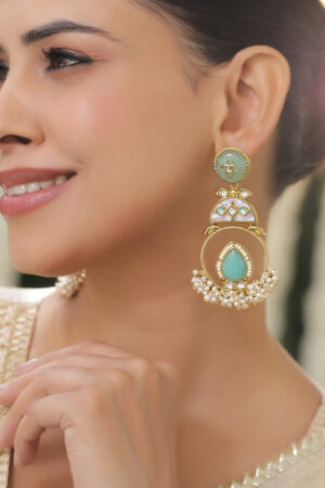 Gold Pearl Beaded Aqua Green Dangler Earrings