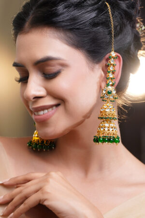 Royal Green Kundan Chain Jhumka Earrings
