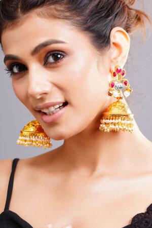 Gold Crimson Charm Jhumka Earrings