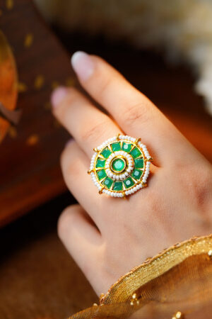 Emerald Crystal Pearl Floral Statement Ring