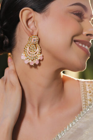 Pink & White Kundan Gold Toned Chandbalis