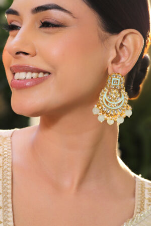 Mint Green & White Kundan Gold Toned Chandbalis