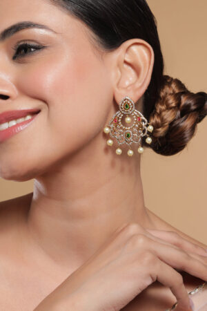 Regal Symphony in Green Red American Diamond Zirconia with Pearls Danglers