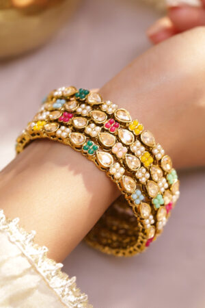 Gold Toned Multicolor Beaded Bangles Set Of 4