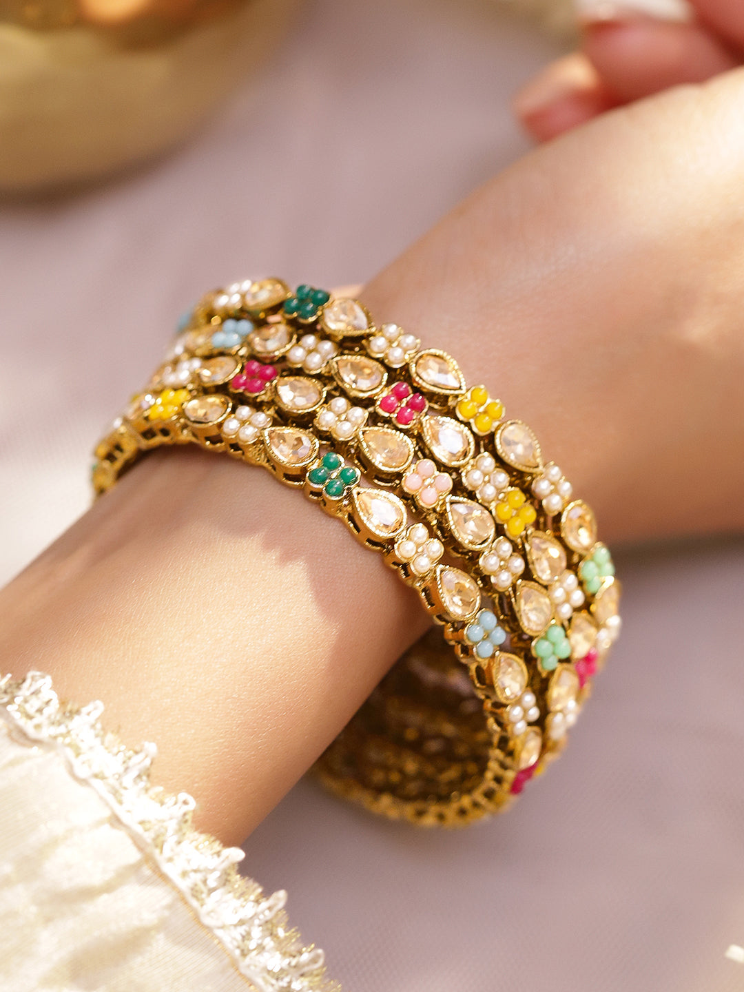 Gold Toned Multicolor Beaded Bangles Set Of 4