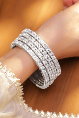Crystal Studded White Bangles Set Of 4