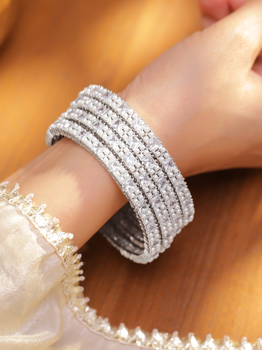 Crystal Studded White Bangles Set Of 4