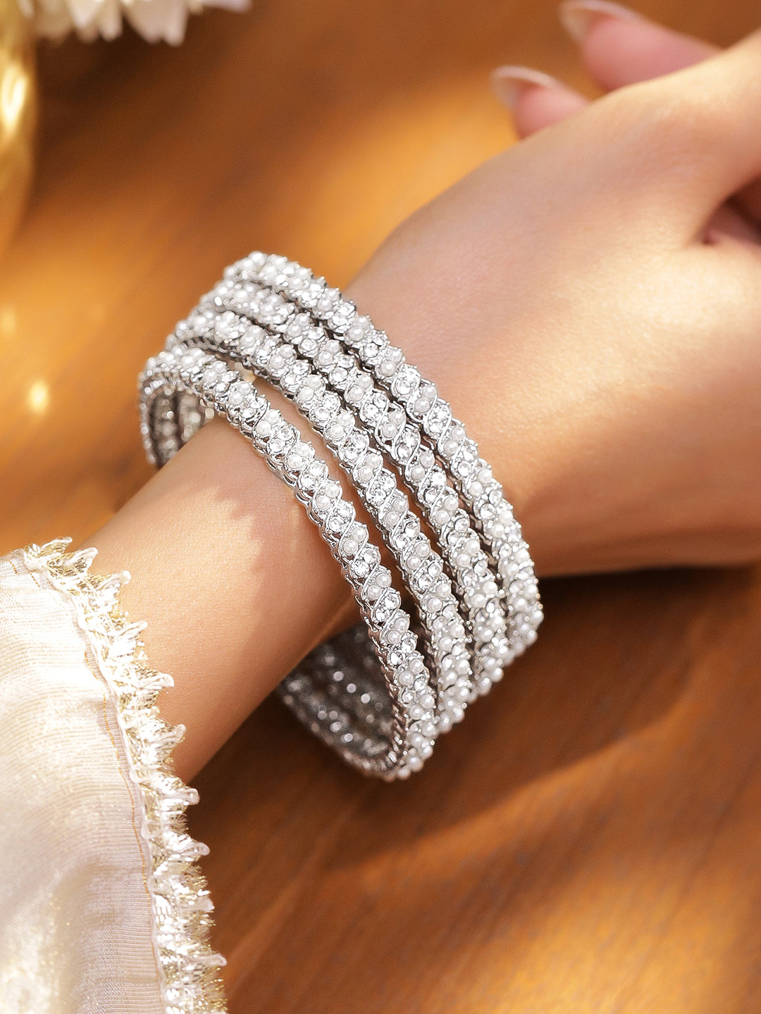 Set Of 4 American Diamond Zirconia White Bangles