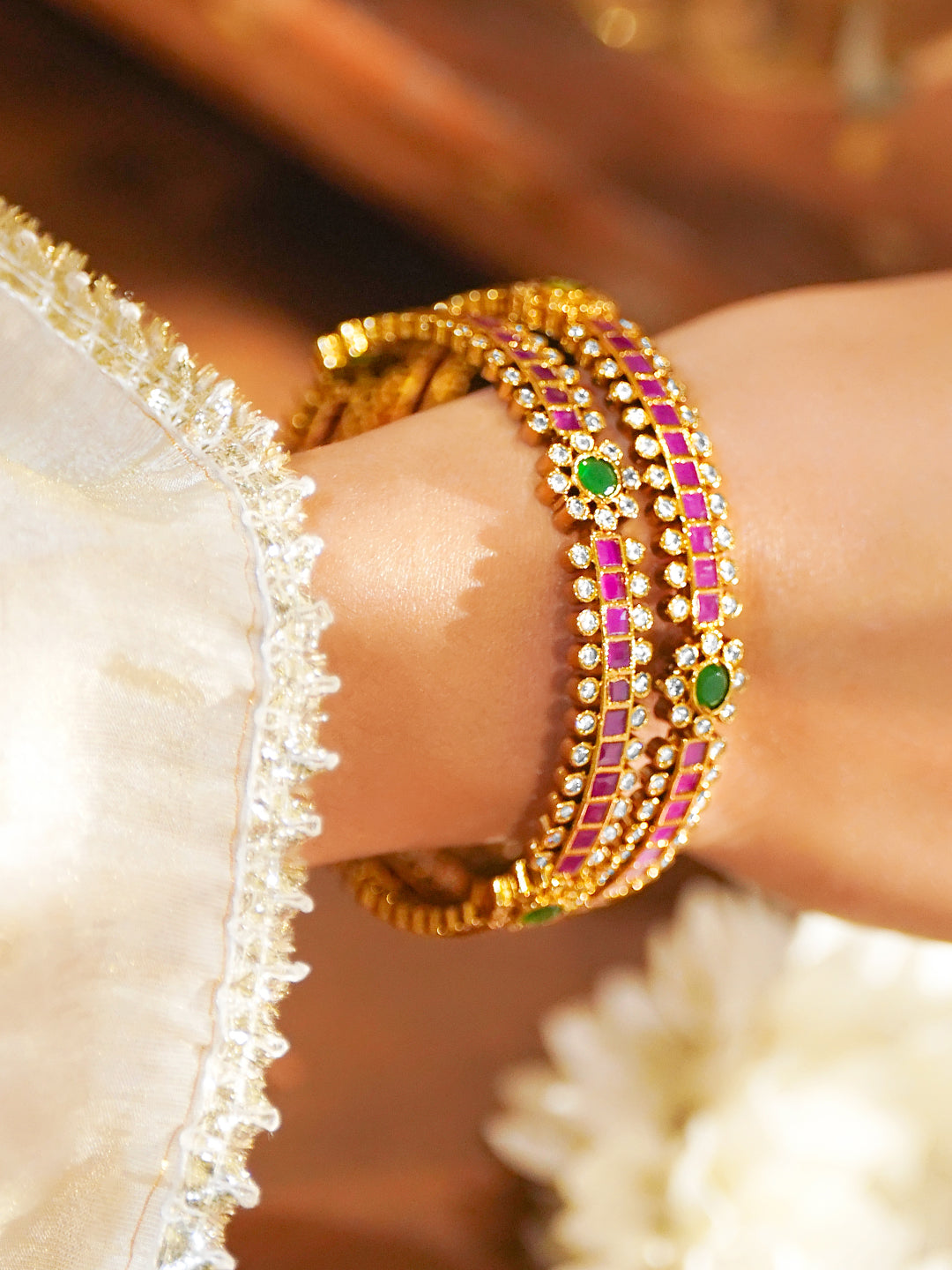 American Diamond Zirconia Pink Bangles Set Of 2
