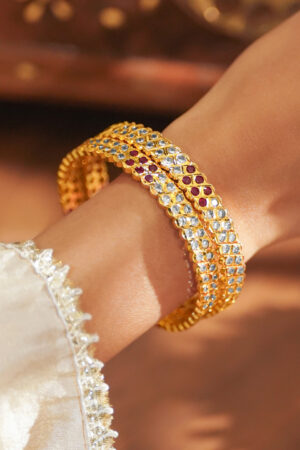 Set Of 2 Pink American Diamond Zirconia Gold Bangles