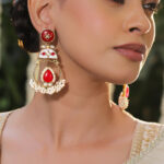 Gold Pearl Beaded Ruby Red Dangler Earrings