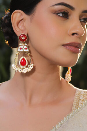 Gold Pearl Beaded Ruby Red Dangler Earrings