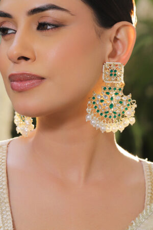 Green Kundan Chandbalis With Pearl Drops