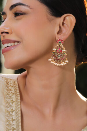 Gold Toned Pink Studded Pearl Drop Chandbalis