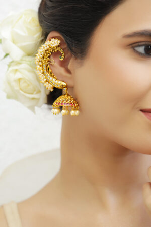 Pearl Embellished Pink Studded Ear Cuff Jhumkas