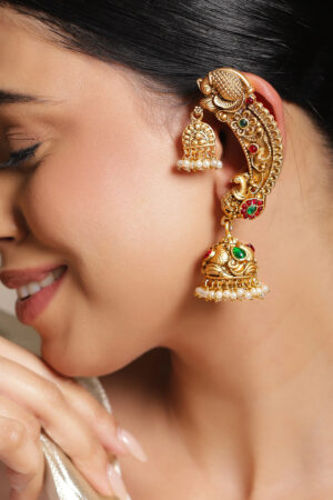 Peacock Motif Pearl Drop Gold Toned Jhumkas