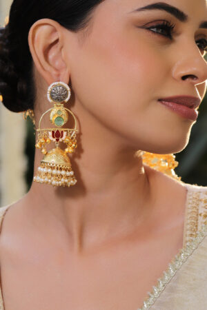 Multicolor Pearl Embellished Gold Kashmiri Jhumkas