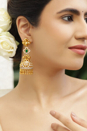 Green & White Studded Gold Drop Jhumkas