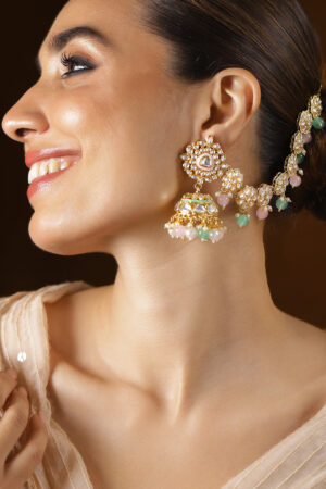 Royal Kaan Chain Kundan Mint Green Jhumka Earrings