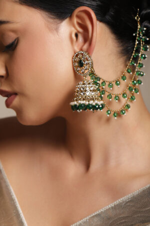 Heritage Grace Green Beaded Jhumka with Kaan Chain