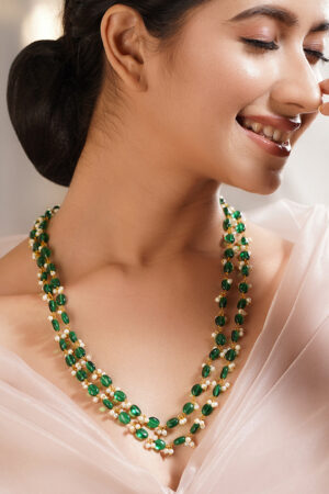 Gold Plated Brass Green Beaded Pearl Double Layer Necklace