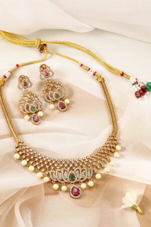Lotus Motif American Diamond Zirconia Necklace Set