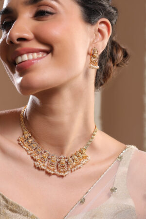 Laxmi Motif Golden Necklace Set with Pearl Drops