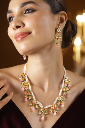 Dreamy Pink Kundan Pearl Necklace Set