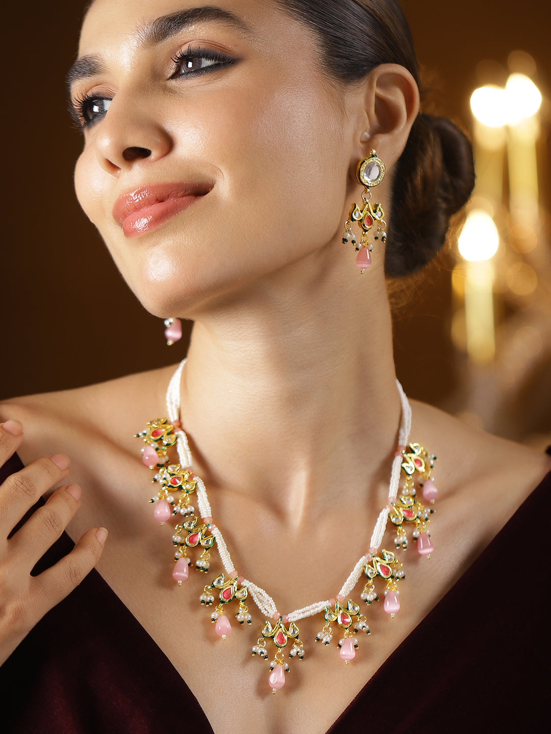 Dreamy Pink Kundan Pearl Necklace Set
