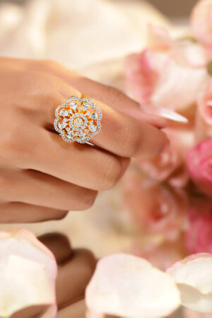 American Diamond Zirconia Floral Gold Ring