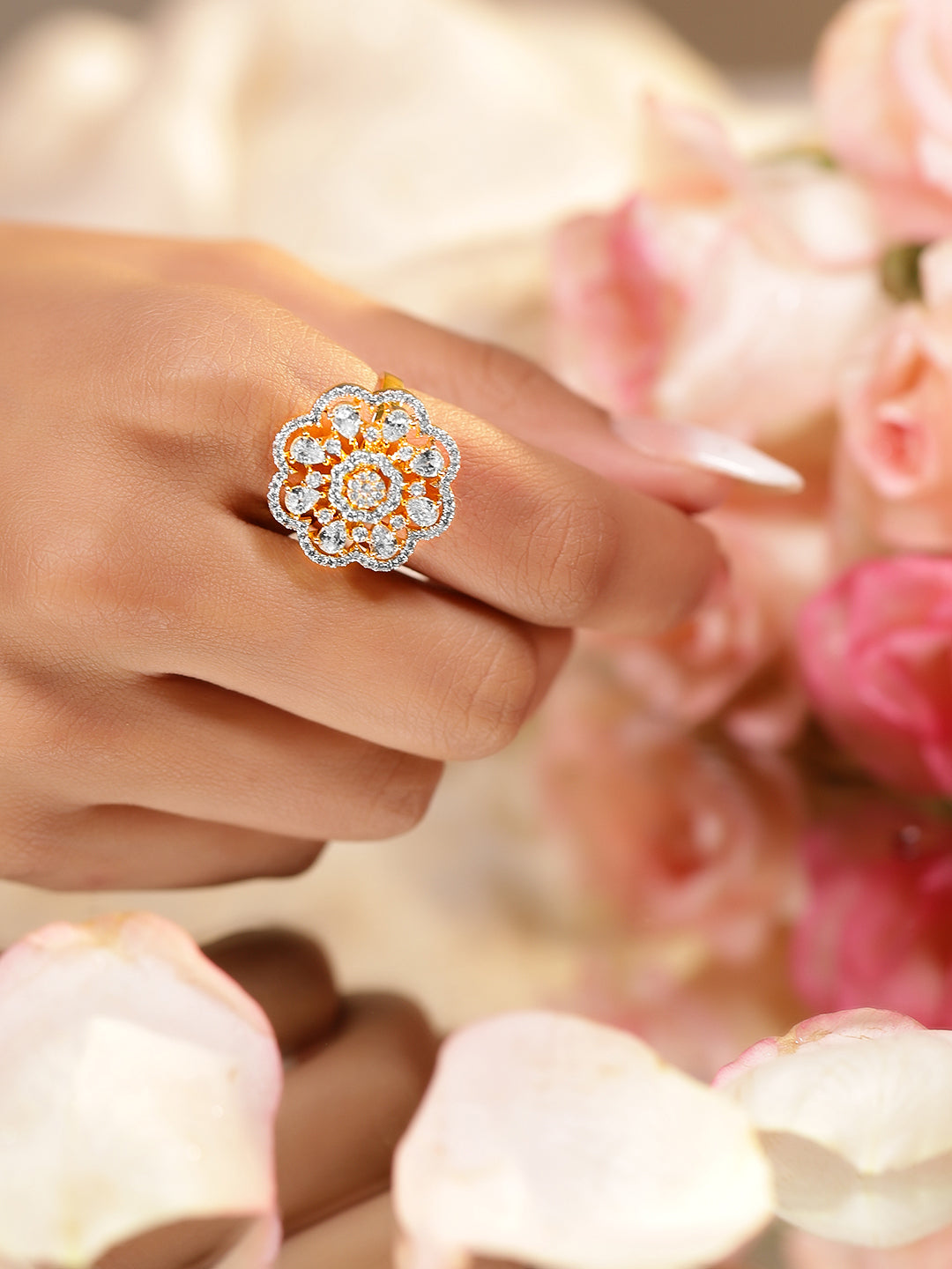 American Diamond Zirconia Floral Gold Ring