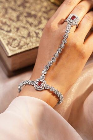Luxe Silver Ruby Glow Hand Harness Bracelet