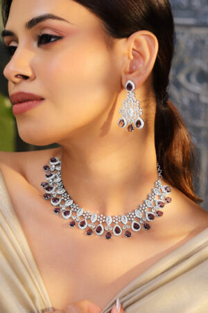 Purple Studded American Diamond Zirconia Necklace Set