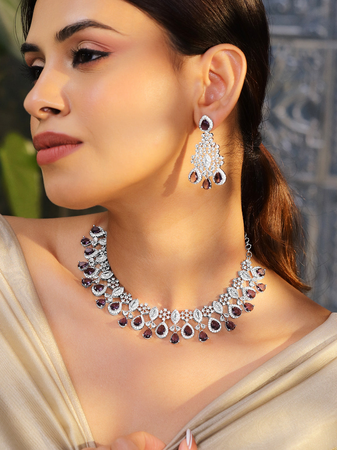 Purple Studded American Diamond Zirconia Necklace Set
