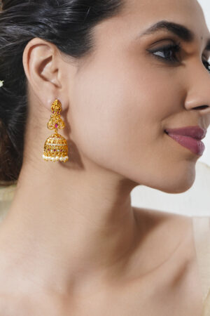 Festive Ruby Pearl Temple Jhumkas