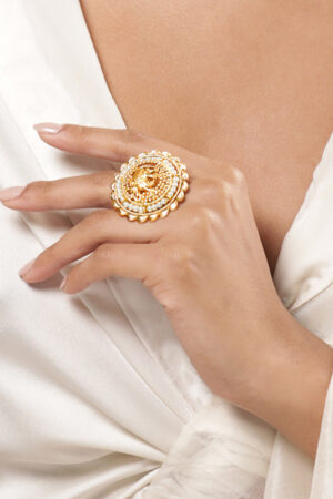 Black Pearll 22K Gold-Plated Beaded Elephant Charm Finger Ring