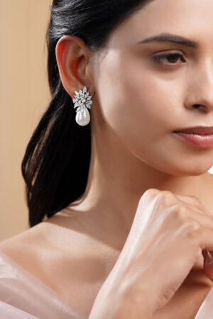Frosted Floral Cluster Pearl Drop Earrings