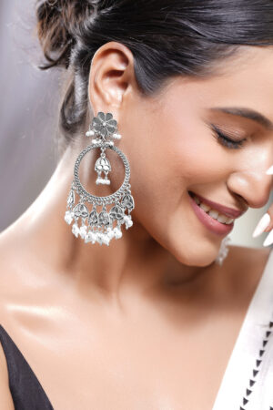 Floral Pearl Oxidised Long Dangler Earrings