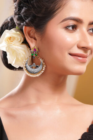 Oxidised Silver Tone Brass Multicolor Chandbali Earrings