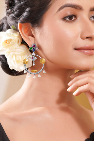 Oxidised Silver Tone Multicolor Temple Charm Dangler Earrings