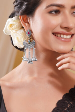 Black Pearll Oxidised Silver Tone Brass Multicolour Ghungroo Tassels Dangler Earrings