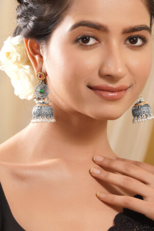 Black Pearll Oxidised Dual Tone Silver Gold Brass Green Red Pearl Jhumki Earrings